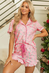 Pink Christmas Candy Cane Print Pocketed Knotted Pajama Set-Loungewear & Sleepwear/Sleepwear-MomFashion