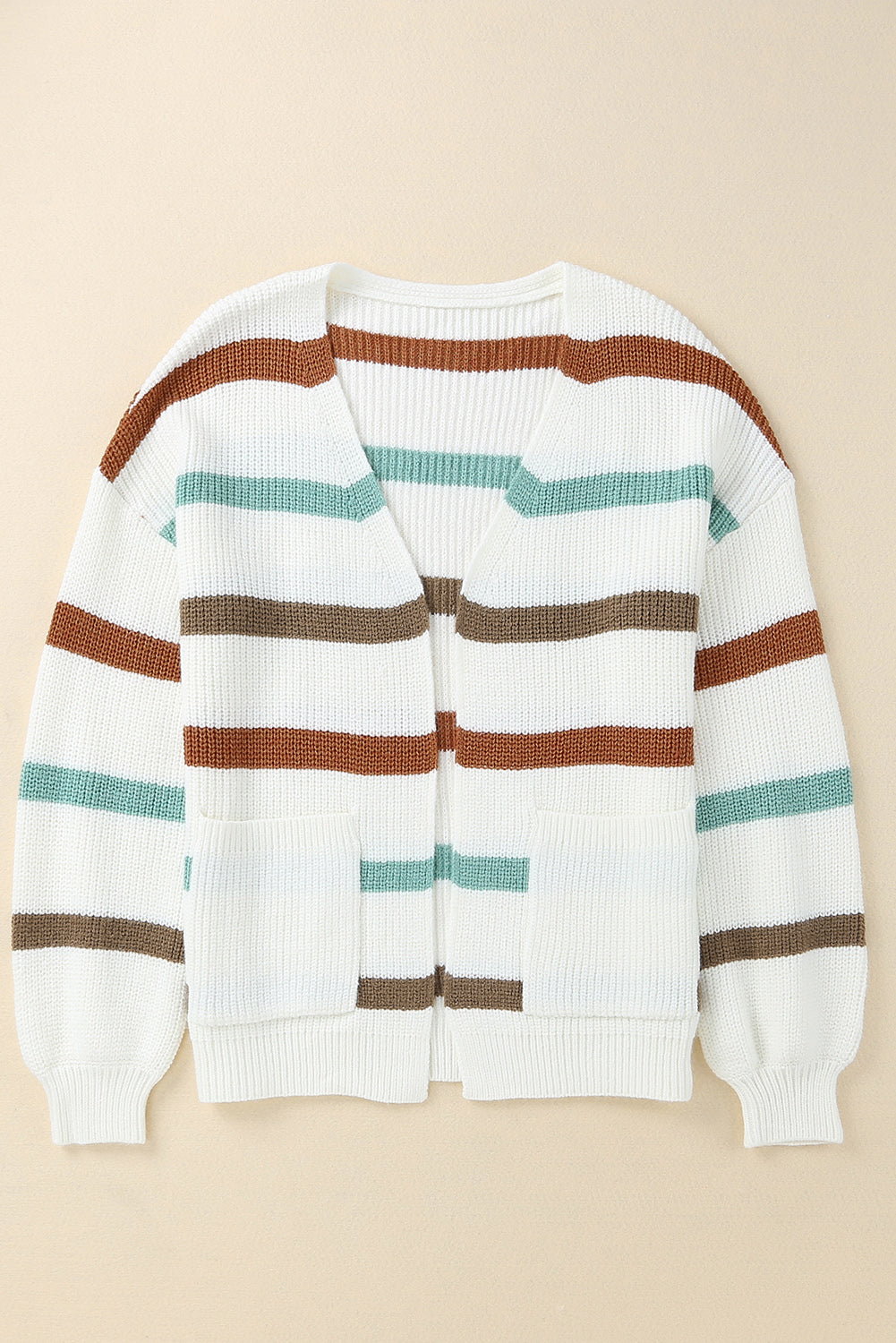 Beige Drop Shoulder Pocketed Stripe Sweater Cardigan-Tops-MomFashion