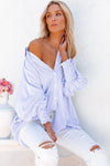 Sky Blue Smocked Cuffed Striped Boyfriend Shirt with Pocket-Tops-MomFashion