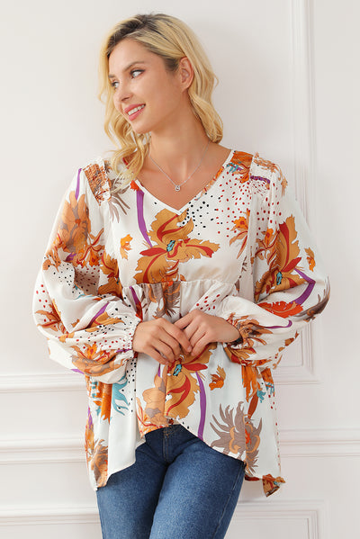 Multicolour Floral Print V Neck Babydoll Blouse-Tops-MomFashion