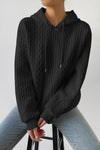 Black Cable Textured Casual Drawstring Hoodie-Tops-MomFashion