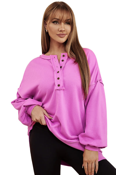 Purple Oversized Exposed Seam Henley Sweatshirt-Tops-MomFashion