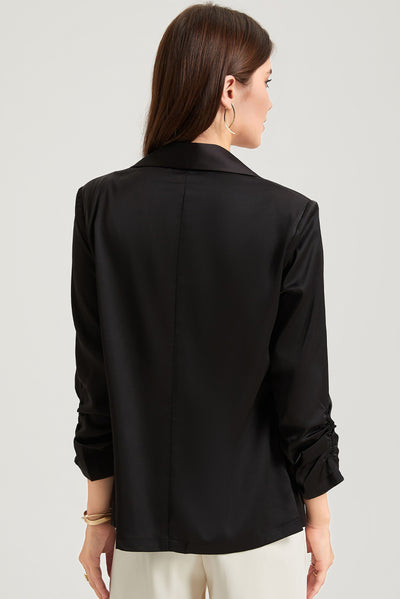 Black Solid Lapel Collar Satin Blazer-Outerwear-MomFashion