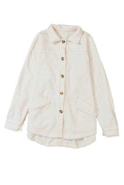 Beige Button-Up Stitching Pocket Raw Hem Shacket-Outerwear-MomFashion