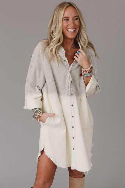 Gray Gradient Long Sleeve Button Up Raw Hem Denim Dress-Dresses-MomFashion