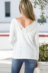 White Floral Lace Splicing Eyelet Long Sleeve Top-Tops-MomFashion