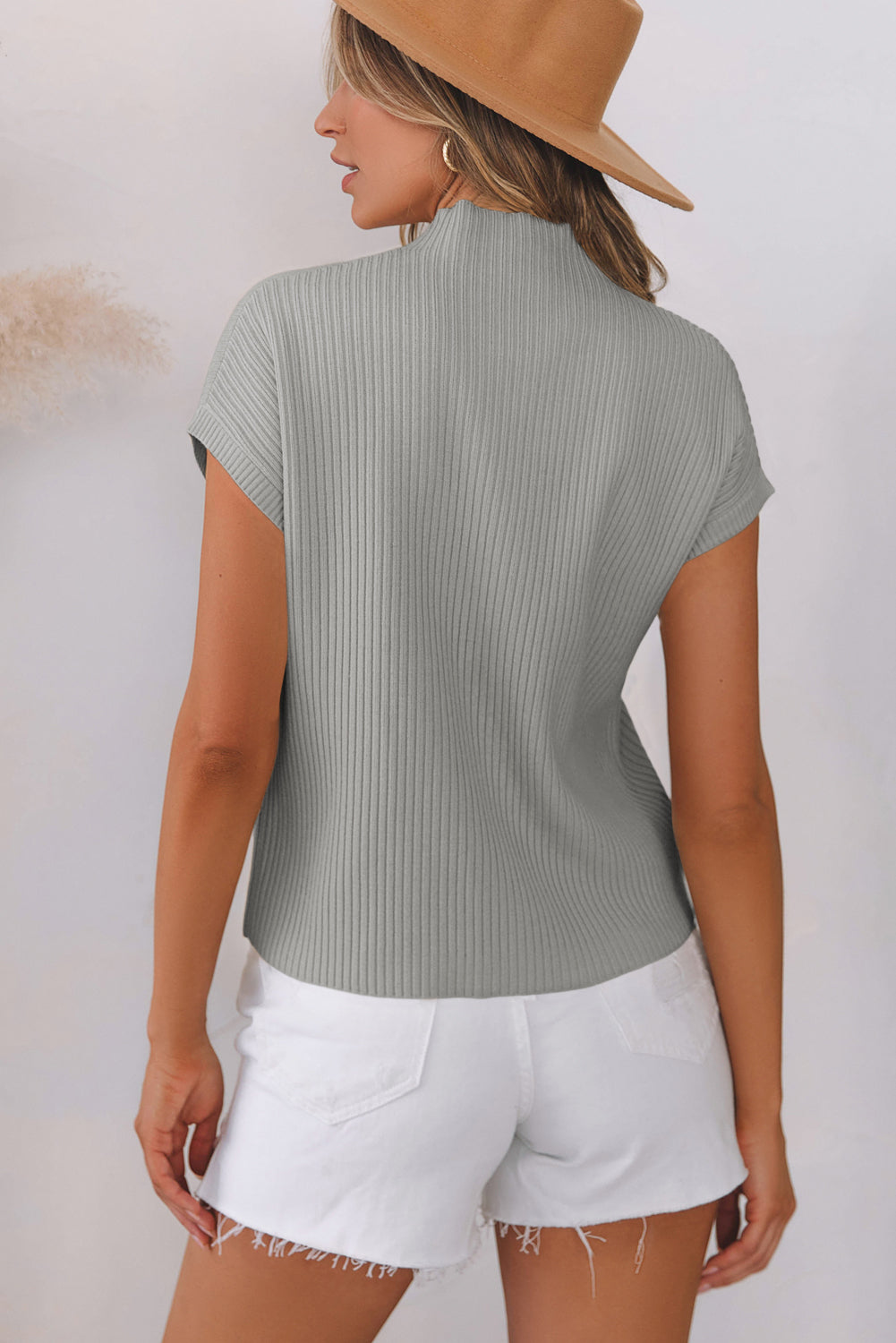 Gray Patch Pocket Ribbed Knit Short Sleeve Sweater-Tops-MomFashion