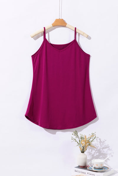 Pitaya Pink Spaghetti Strap V-Neck Flowy Tunic Tank Top-Tops-MomFashion