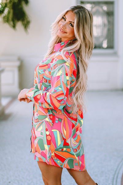 Multicolor Geometric Abstract Print Long Sleeve Shirt Dress-Dresses-MomFashion