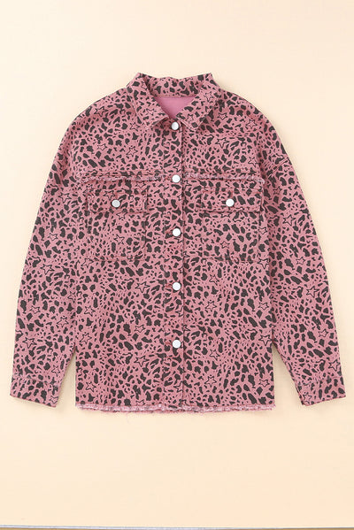 Pink Stars & Animal Spots Print Button Up Denim Shacket-Outerwear-MomFashion