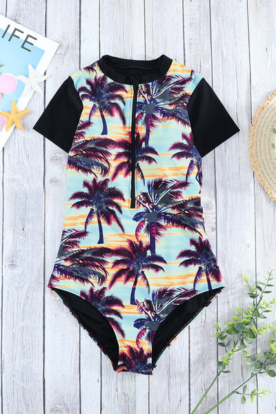 Beach Sunset Zip Front Half Sleeve One Piece Swimsuit-Swimwear-MomFashion