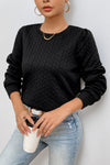 Black Cable Textured Puff Sleeve Sweatshirt-Tops-MomFashion