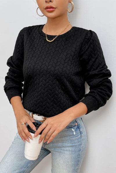 Black Cable Textured Puff Sleeve Sweatshirt-Tops-MomFashion