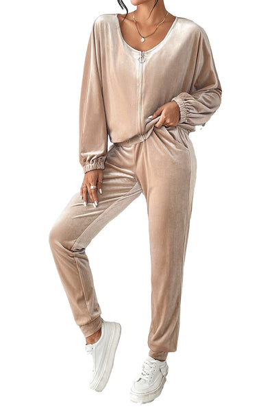 Parchment Velvet Zipped Top and Joggers Two Piece Set-Loungewear-MomFashion