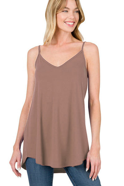 Clay Spaghetti Strap V-Neck Flowy Tunic Tank Top-Tops-MomFashion