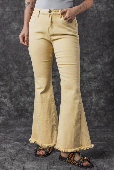 Khaki Raw Edge Mid Waist Flared Jeans-Bottoms-MomFashion