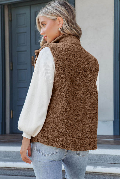 Brown Snap Button Pocketed Sherpa Vest Jacket-Outerwear-MomFashion