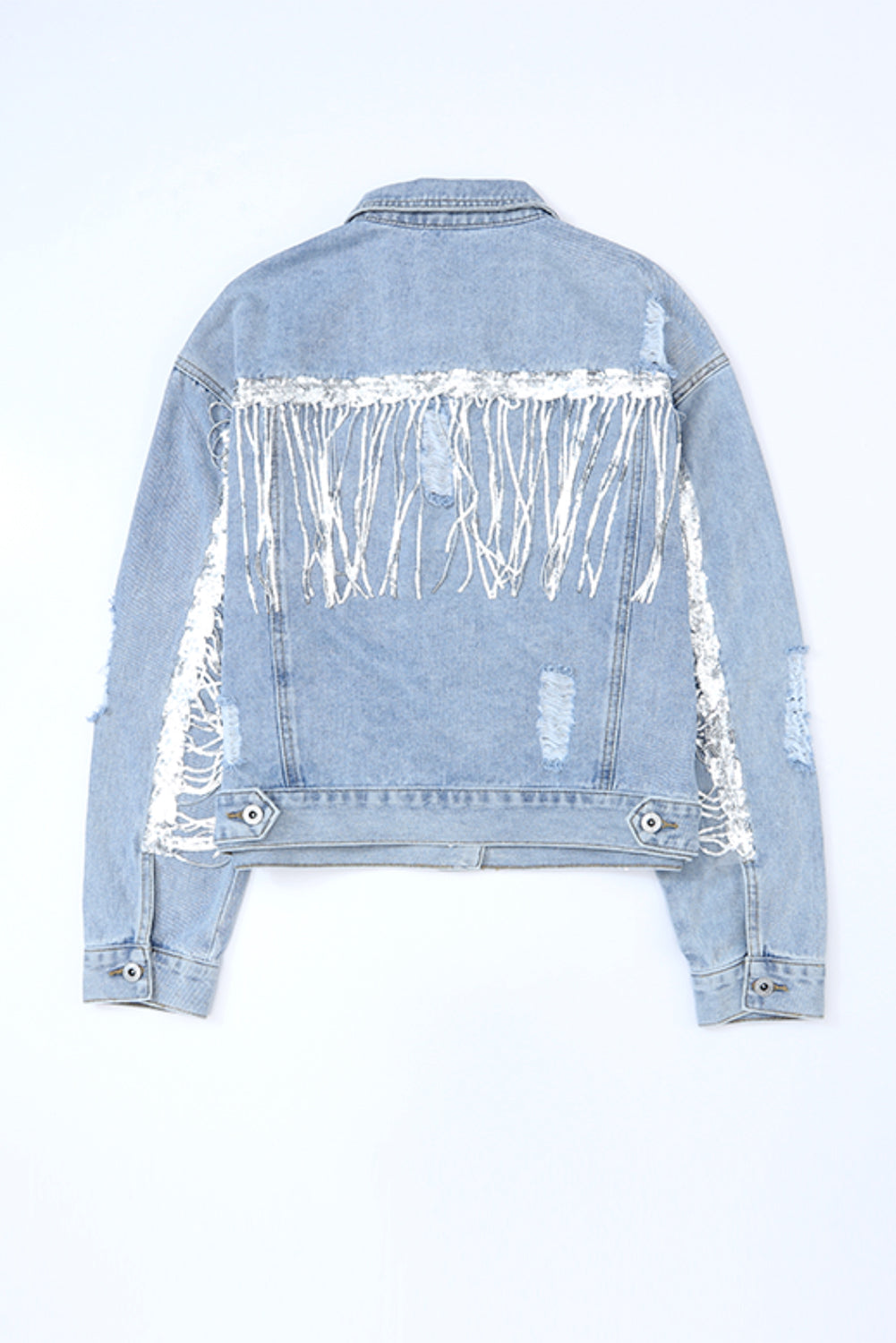 Sky Blue Sequin Embellished Fringe Distressed Denim Jacket-Outerwear-MomFashion