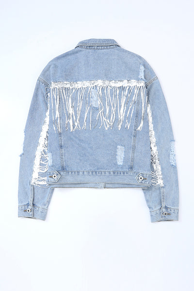 Sky Blue Sequin Embellished Fringe Distressed Denim Jacket-Outerwear-MomFashion