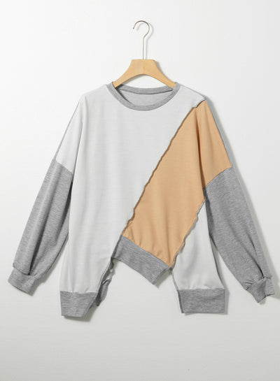 Light French Beige Colorblock Stitching Irregular Hem Long Sleeve Top-Tops-MomFashion