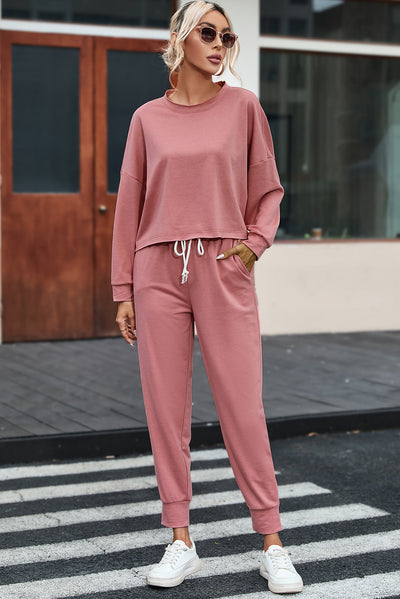 Pink Solid Sport Boxy Fit Pullover & Pants Outfit-Loungewear-MomFashion