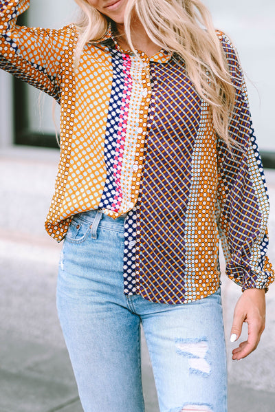 Brown Dot Print Long Sleeve Button Down Shift Shirt-Tops-MomFashion