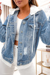 Sky Blue Distressed Contrast Hooded Denim Jacket with Pockets-Outerwear-MomFashion