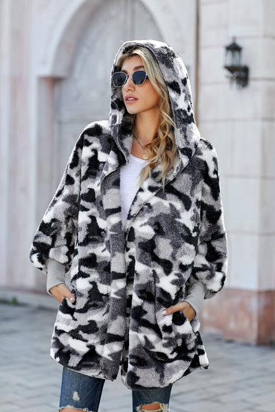 Gray Camo Print Soft Fleece Hooded Open Front Coat-Outerwear-MomFashion