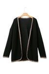 Black Leopard Contrast Waffle Knit Open Front Cardigan-Tops-MomFashion