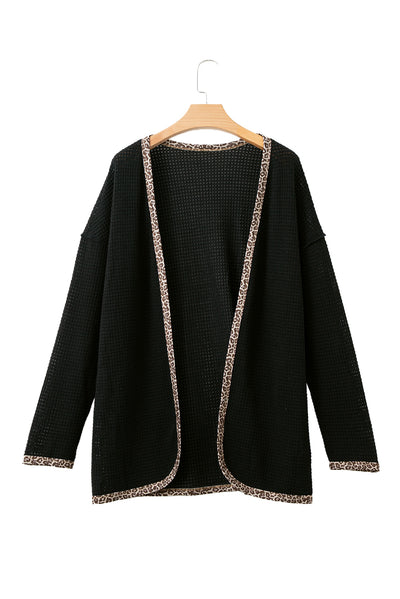 Black Leopard Contrast Waffle Knit Open Front Cardigan-Tops-MomFashion