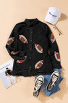 Black Sequined Rugby Graphic Frayed Denim Shacket-Outerwear-MomFashion