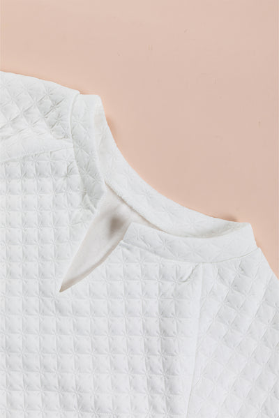 White Split Neck Quilted Long Sleeve Top-Tops-MomFashion