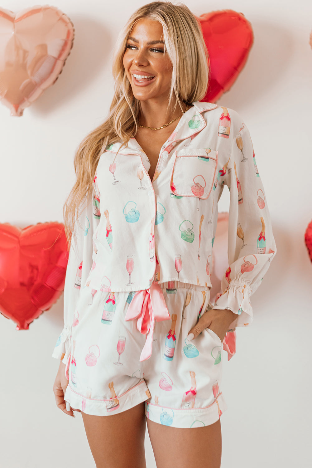 White Christmas Wine Glass Print Bow Knot Two Piece Pajama Set-Loungewear & Sleepwear/Sleepwear-MomFashion