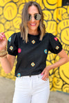 Black Embroidered Flower Short Puff Sleeve Tee-Tops-MomFashion