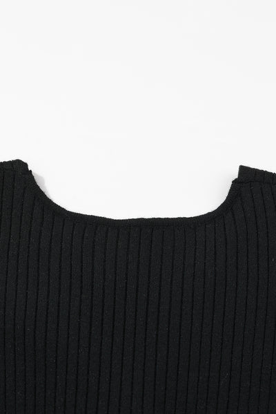 Black Twisted V Neck Ribbed Knit Sweater Dress-Dresses-MomFashion