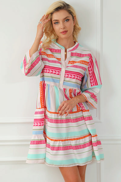 Multicolour Boho Geometric Print Bracelet Sleeve Buttoned Mini Dress-Dresses-MomFashion