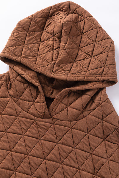 Coffee Solid Color Quilted Kangaroo Pocket Hoodie-Tops-MomFashion