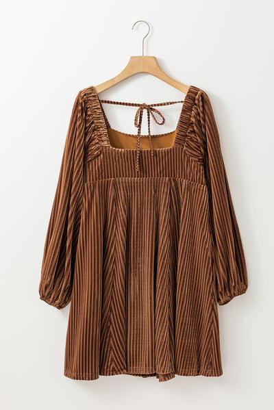 Brown Tie Back Square Neck Velvet Babydoll Dress-Dresses-MomFashion