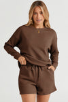 Brown Textured Long Sleeve Top and Drawstring Shorts Set-Loungewear-MomFashion