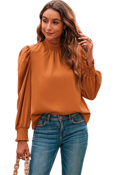 Orange Long Bubble Sleeve Mock Neck Chiffon Blouse-Tops-MomFashion