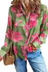 Green Floral Print Pleated Detail Puff Sleeve Shirt-Tops-MomFashion