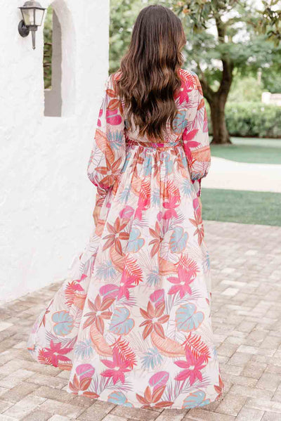 Tropical Plant Print Long Sleeve Wrap V-Neck Slit Maxi Dress-Dresses-MomFashion