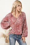 Fiery Red Pleated Lantern Sleeve Abstract Print Blouse-Tops-MomFashion