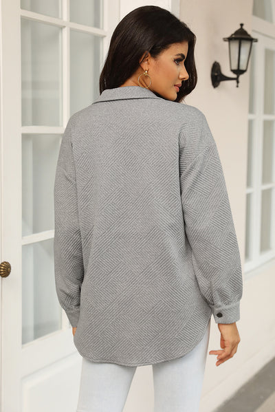 Gray Solid Textured Flap Pocket Buttoned Shacket-Outerwear-MomFashion