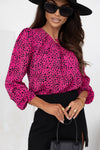 Rose Leopard Print Pleated Blouse with Keyhole-Tops-MomFashion