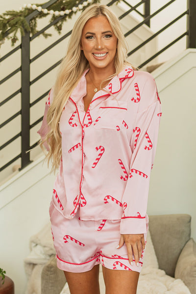 Pink Christmas Candy Cane Print Shirt and Shorts Pajama Set-Loungewear & Sleepwear/Sleepwear-MomFashion