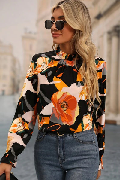 Black Floral Print Mock Neck Blouse-Tops-MomFashion