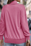 Bright Pink Ribbed Hem Snap Button Neckline Sweatshirt with Pocket-Tops-MomFashion