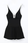 Black Strappy V Neck Side Split One-piece Swimdress-Swimwear-MomFashion