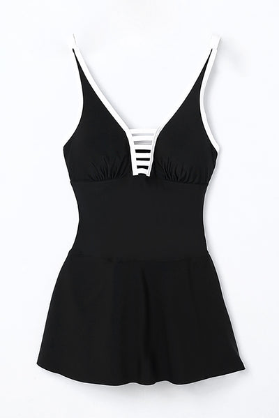 Black Strappy V Neck Side Split One-piece Swimdress-Swimwear-MomFashion